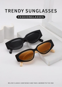 Close-up of retro cat-eye sunglasses with thick frames and two-tone color accents