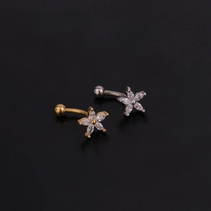 Surgical stainless steel curved barbell with crystal flower design in gold and silver
