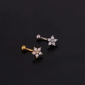 Zircon curved barbell eyebrow rings in gold and silver finish with flower design