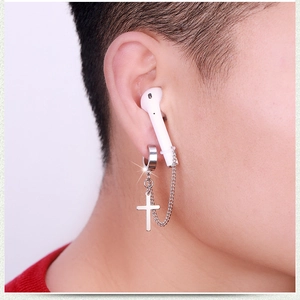 Silver stainless steel anti-loss earring chain with cross pendant for wireless earphones