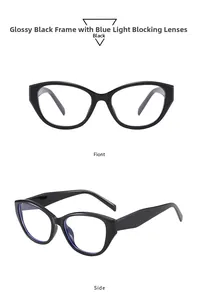 Vues de face et de côté détaillées de lunettes œil de chat noires avec filtre anti-lumière