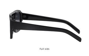 Side view of black glossy square frame sunglasses featuring thick ergonomic temples