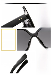 Detailed views of black oversized sunglasses showing hinges, nose pads and curved temples