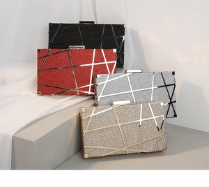 Lustrous glitter evening clutch bags with geometric lines in black, red, silver and gold