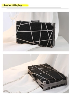 Detail of black glitter evening clutch with geometric metal frame and chain strap
