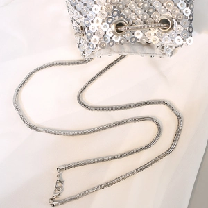 Sparkling silver rhinestone bucket bag with detachable snake chain and lobster clasp