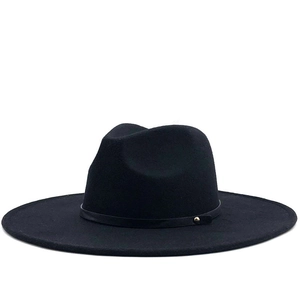 Classic black wide brim wool felt jazz fedora hat with elegant gold buckle detail