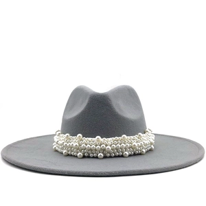Elegant grey wool fedora hat with wide brim and multi-layer pearl decorative band