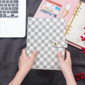 A5 Ring Binder Notebook Refillable Faux Leather Cover Checkered Pattern Professional Business Organizer With Card Slots