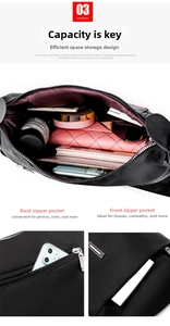 Detailed view of the large capacity crossbody bag with multiple zip compartments and pockets