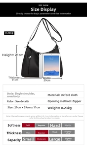 Detailed size chart for oxford fabric crossbody bag showing 21x29x11cm dimensions
