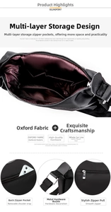 Detail of oxford canvas crossbody bag showing internal pockets and metal hardware