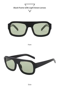 Detailed front and side view of retro black square sunglasses with light green lenses
