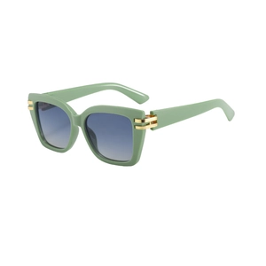 Fashionable square matcha green frame sunglasses with gradient blue lenses and gold H-detail