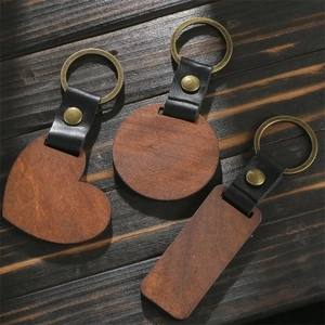DIY walnut wood keychain with leather strap and bronze metal ring in various shapes
