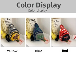 Detail view of colorful dinosaur chest bags for kids in yellow, blue and red finishes