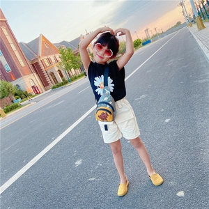 Toddler dinosaur camo chest bag with blue pattern on child outdoor casual outfit