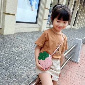Pink strawberry crossbody bag for girls with green leaves and sparkling rhinestones