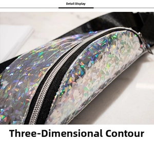 Close-up of geometric laser holographic texture on waist bag with silver zipper detail