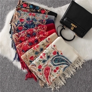 Ethnic paisley embroidered cashmere blend shawls with fringe in multiple colors