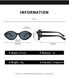 Detailed size chart for retro cat eye sunglasses showing PC frame dimensions and model YT77142