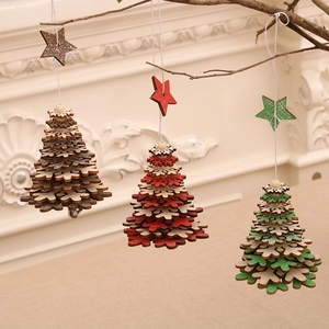 Three tiered wooden Christmas tree ornaments in brown, red, and green with bells and stars