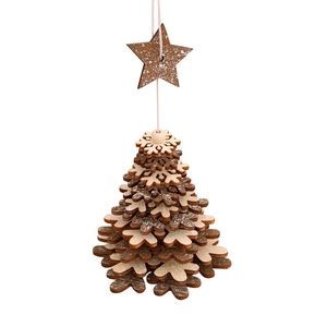 Wooden Christmas tree bell ornament with star topper and layered snowflake design