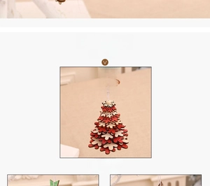 Detailed view of red and white wooden layered snowflake Christmas tree ornament
