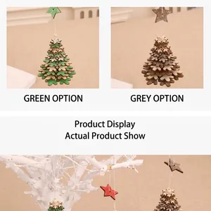 Detail of laser-cut 3D wooden Christmas tree ornaments with star top in grey and green