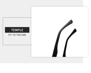 Detail of ergonomic temple tip for cat eye sunglasses with matte black finish and comfortable fit