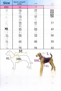 Detailed dog hoodie size chart with measurements for chest, back length, and neck circumference