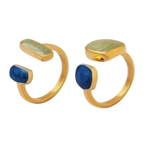 Adjustable gold plated titanium steel rings with green and blue enamel drop oil inlay