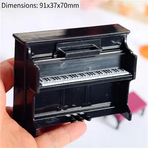 Miniature black dollhouse upright piano with pink stool stool and size dimensions
