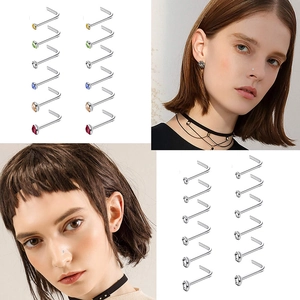 L-shaped stainless steel nose studs set with multi-color cubic zirconia on models