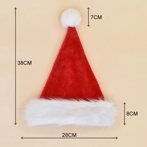 Detail showing plush Christmas hat dimensions including 38cm height and 28cm width