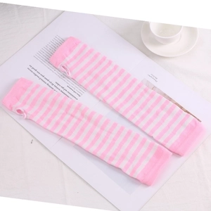 Detailed close-up of pink and white striped knit fingerless long gloves for cosplay