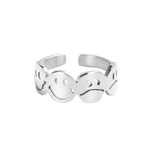 Hip hop style titanium steel open ring featuring a repeating smile and sad face pattern