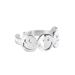 Adjustable silver titanium steel ring featuring three smiling face patterns on white background