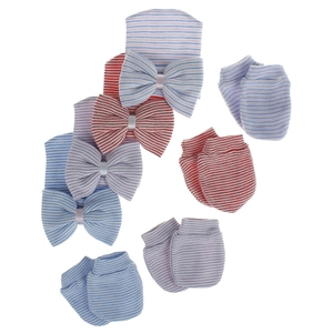 Conjunto de gorro y mitones de punto a rayas para recién nacido con lazos grandes decorativos