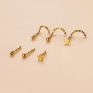 6-piece gold stainless steel nose studs set featuring cone, ball, and star shapes