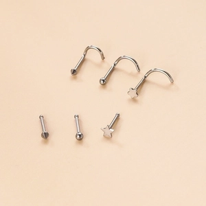 6-piece silver stainless steel nose studs set featuring cone, ball, and star shapes