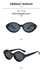 Front and side views of vintage cat eye sunglasses with thick black frames and gray lenses
