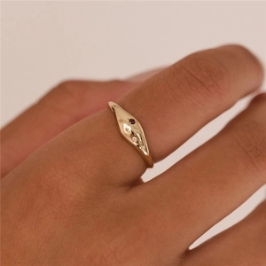 Macro detail of gold signet ring featuring a red gemstone and star engraved accents