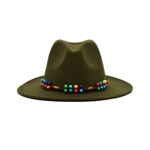 Olive green wool fedora hat with colorful beaded band for a vintage British style