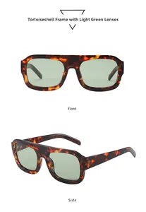 Front and side views of tortoiseshell square sunglasses with light green lenses