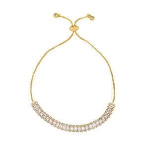 Macro detail of 18K gold plated bracelet with square-cut crystals and adjustable slider clasp