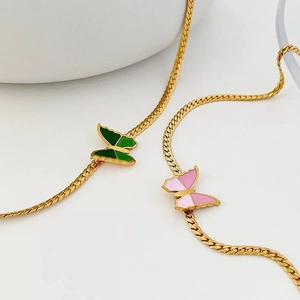 Butterfly Pendant Necklace Stainless Steel Flat Herringbone Snake Bone Chain Enamel Retro Sweet Cool Jewelry For Women