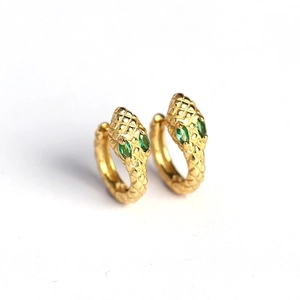 S925 sterling silver gold snake hoop earrings with green gemstone eyes and scale texture