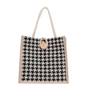 Minimalist houndstooth canvas tote bag with woven cotton rope handle and wood button