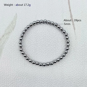 Detail showing 5mm silver steel beads bracelet weight 17.2g and 39 pieces count